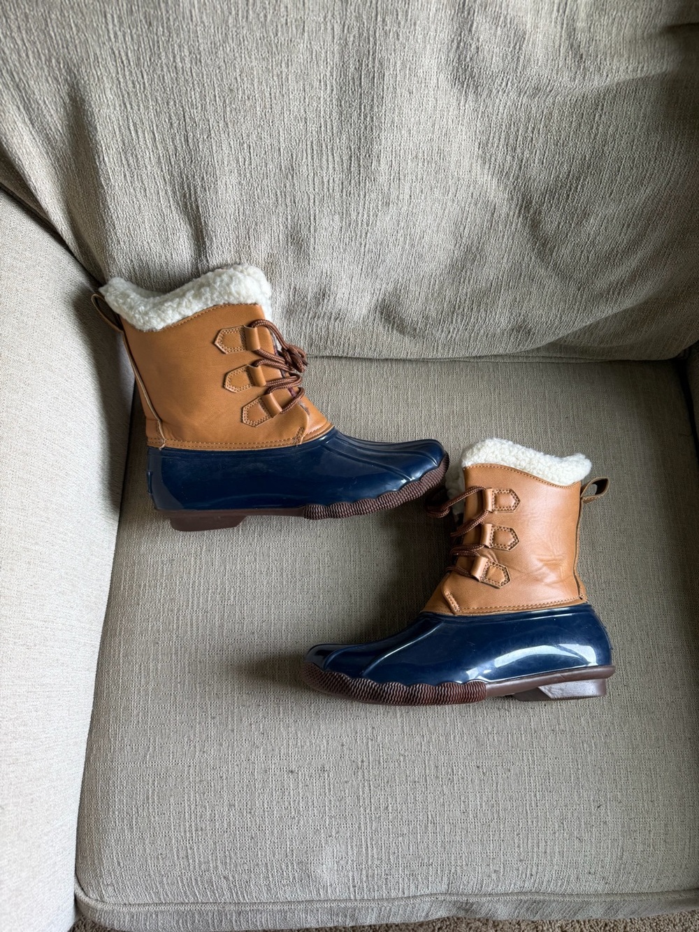 Two-Tone Navy and Tan Duck Boots with Faux Shearling